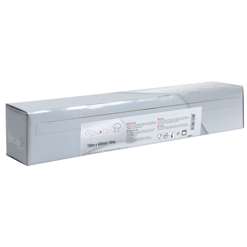 Aluminiumsfolie, ABENA Cater-Line, 150m x 44cm, 14my, sølv, aluminium, i cut-box, ekstra kraftig