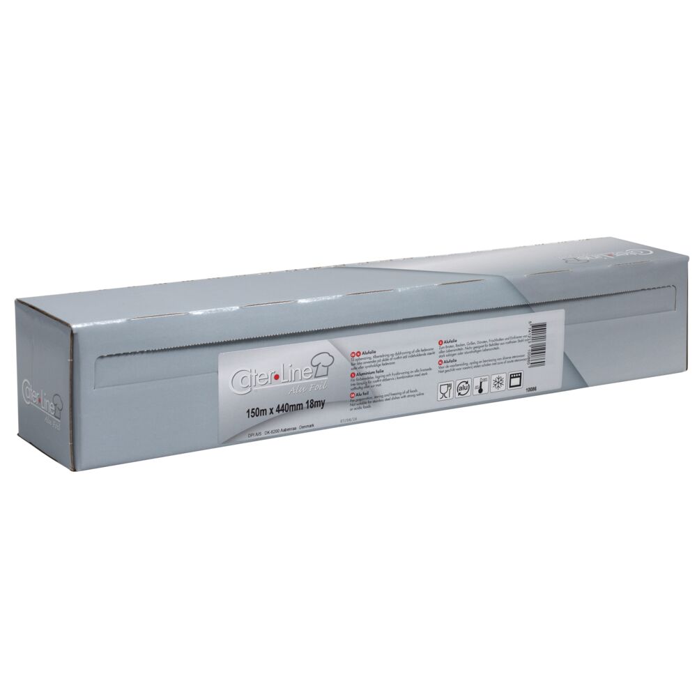 Aluminiumsfolie, ABENA Cater-Line, 150m x 44cm, 18my, sølv, i cut-box, ekstra kraftig