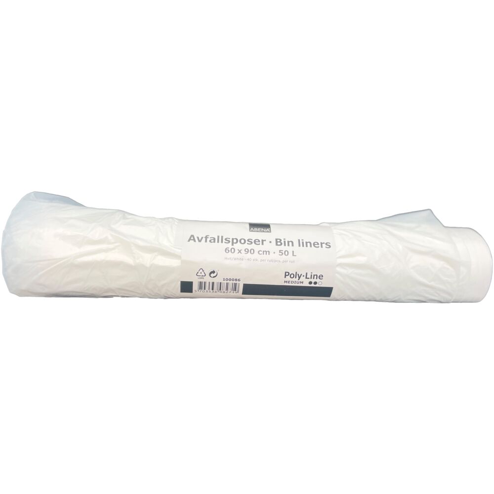 Avfallspose, ABENA, Hvit, 50 l, 60x90cm, 12my, LDPE/virgin, 40stk/rl