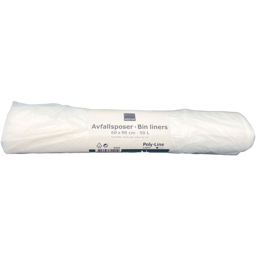 Avfallspose, ABENA, Hvit, 50 l, 60x90cm, 7my, HDPE/virgin, 40stk/rl