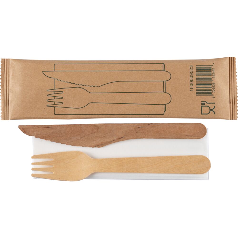 Bestikksett, 16cm, brun, bjørketre/nyfiber, med kniv, gaffel og serviett