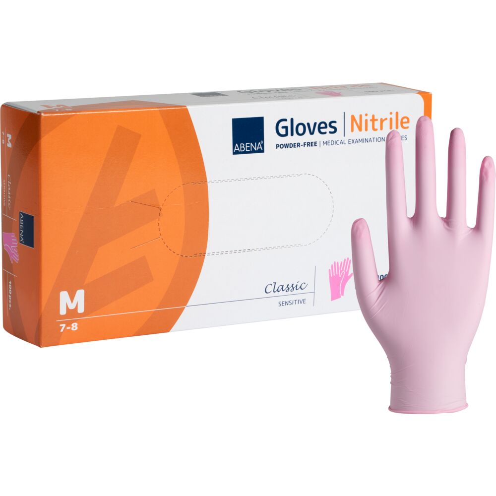 Engangshanske, ABENA Classic Sensitive, M, rosa, nitril, pudderfri