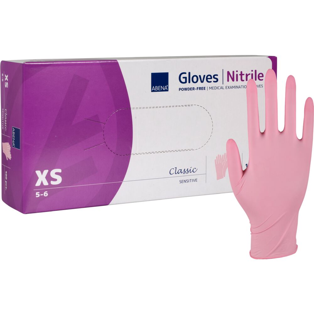 Engangshanske, ABENA Classic Sensitive, XS, rosa, nitril, pudderfri