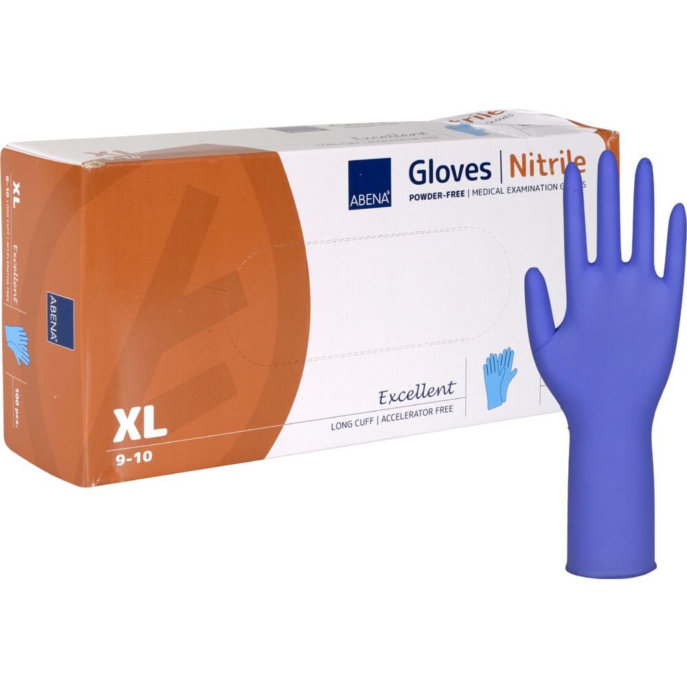 Engangshanske, Lang, ABENA Excellent, XL, blå, nitril, pudderfri, akseleratorfri