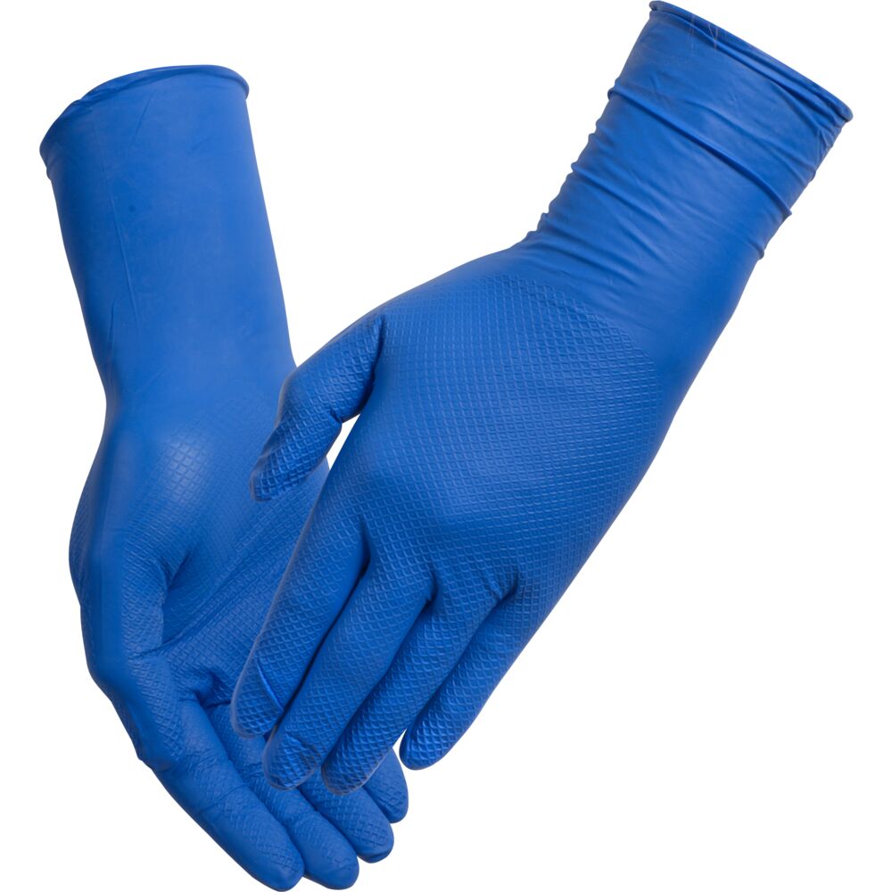 Engangshanske, Lang, THOR Ultra Grip, L, mørkeblå, nitril, pudderfri, fiskeskjell teksturert