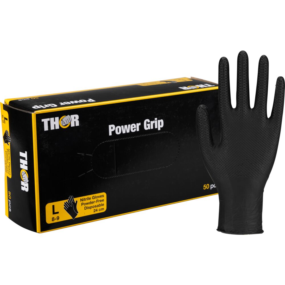 Engangshanske, THOR Power Grip, L, sort, nitril, pudderfri