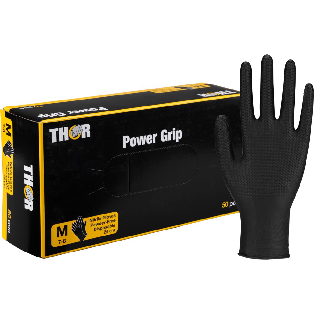 Engangshanske, THOR Power Grip, M, sort, nitril, pudderfri
