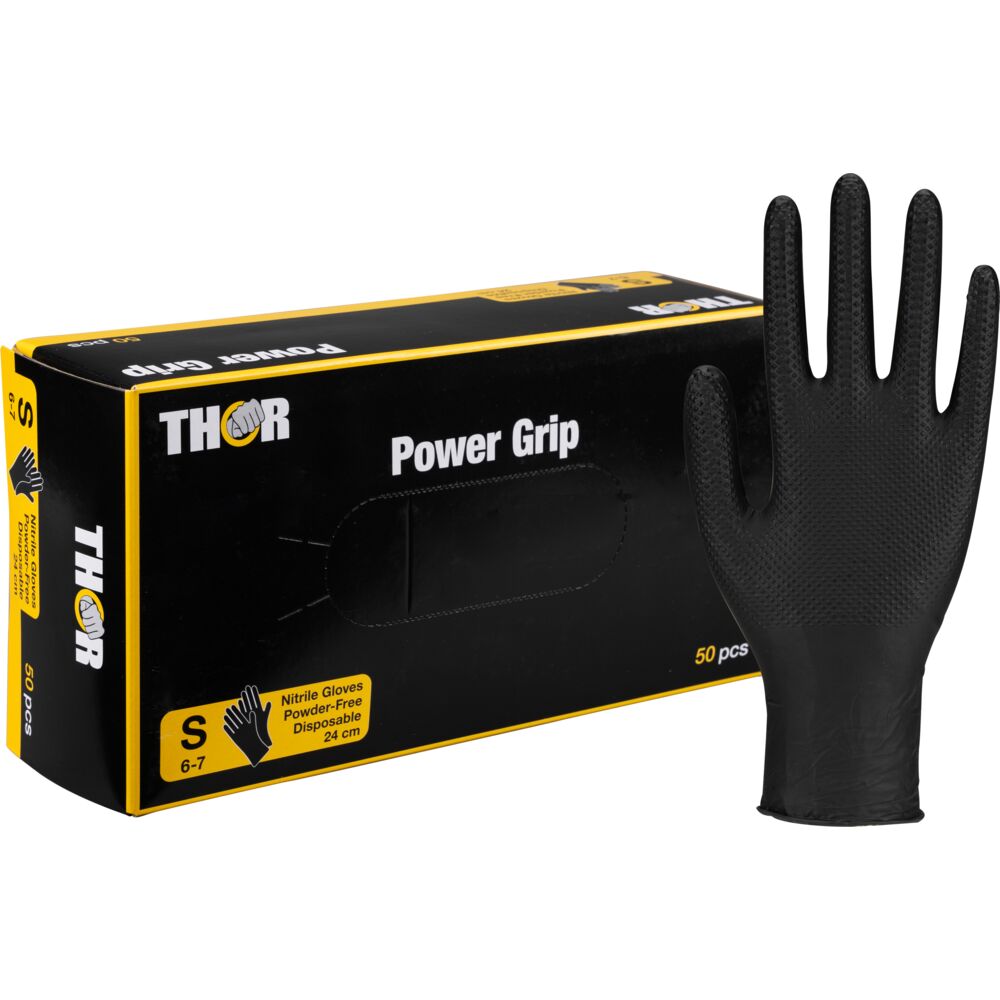 Engangshanske, THOR Power Grip, S, sort, nitril, pudderfri