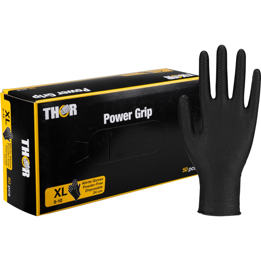 Engangshanske, THOR Power Grip, XL, sort, nitril, pudderfri