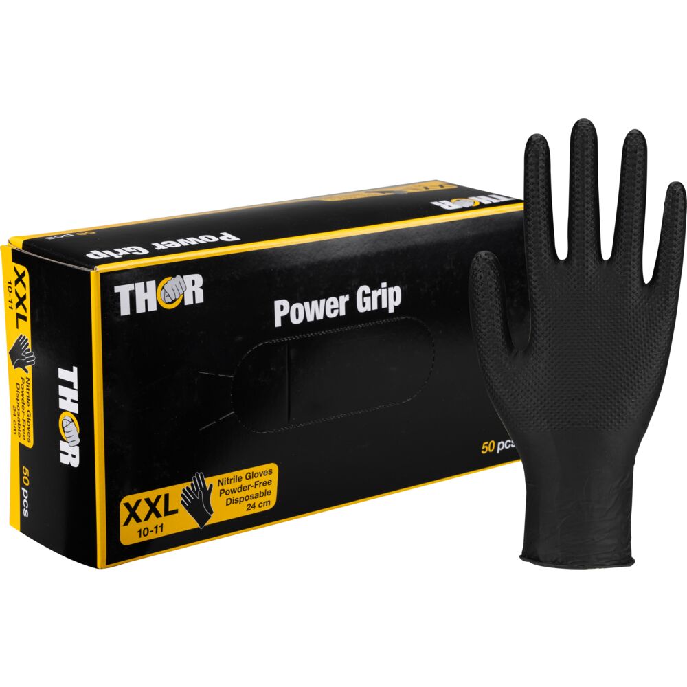 Engangshanske, THOR Power Grip, XXL, sort, nitril, pudderfri