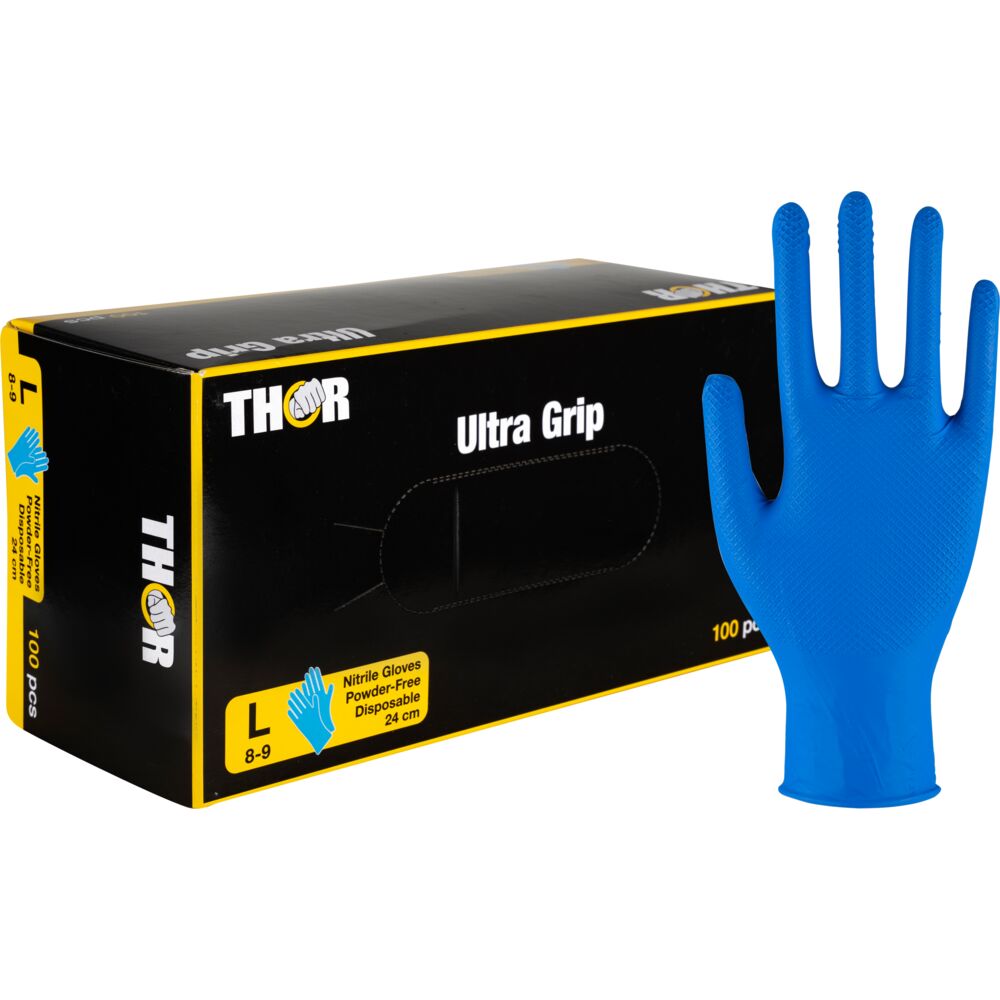 Engangshanske, THOR Ultra Grip, L, mørkeblå, nitril, pudderfri, fiskeskjell teksturert