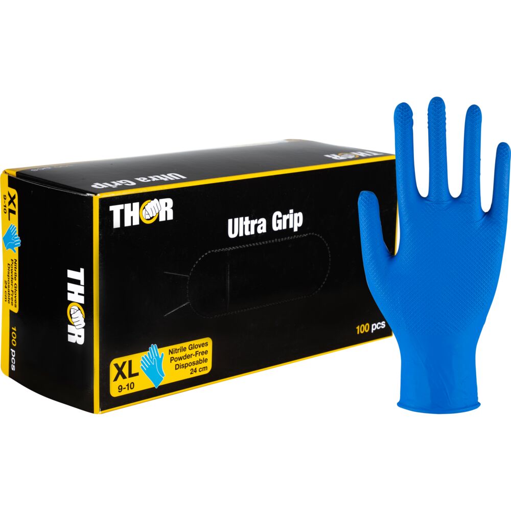 Engangshanske, THOR Ultra Grip, XL, mørkeblå, nitril, pudderfri, fiskeskjell teksturert