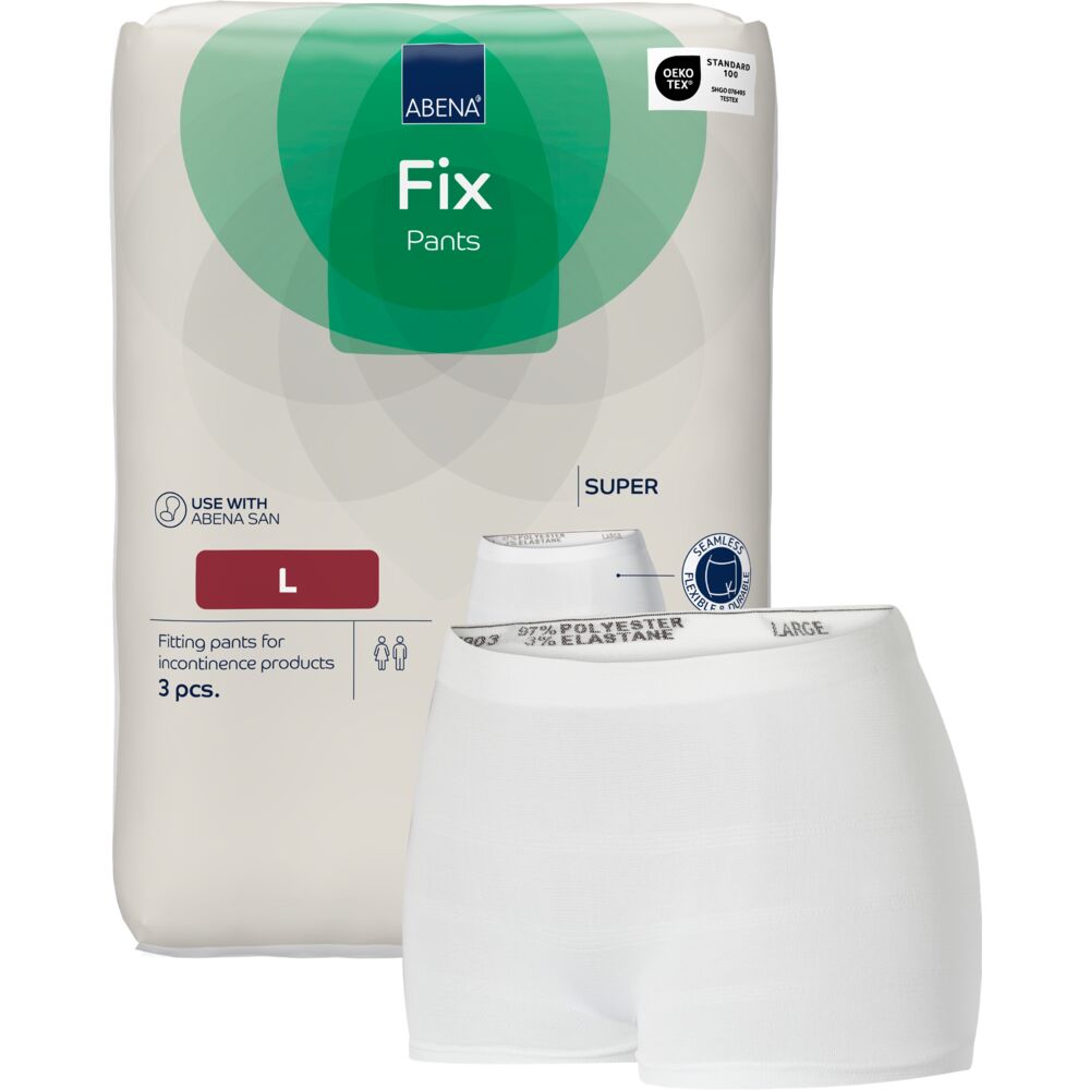Fikseringstruse, ABENA Fix Pants, Super, L, hvit, med ben, brun fargekode