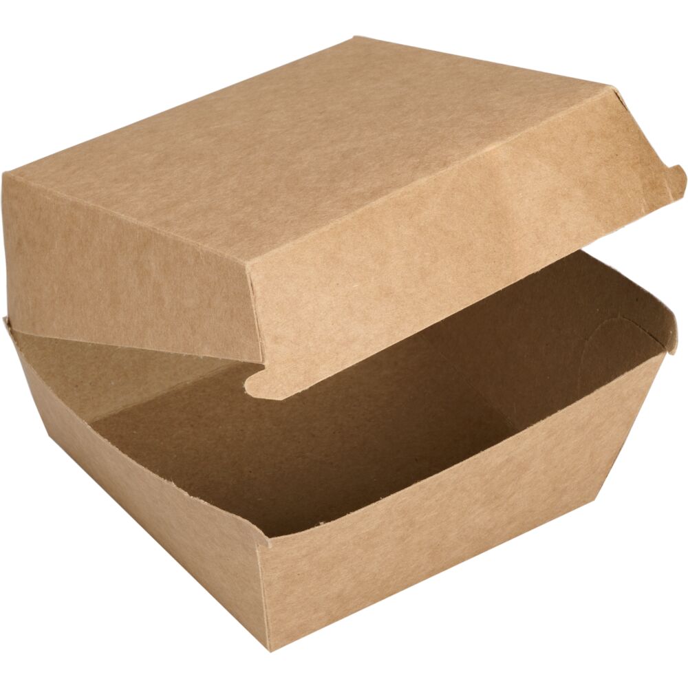 Hamburgerboks, S, 11,8x11,7x8,2cm, 1100 ml, brun, kraft, med hengslet lokk