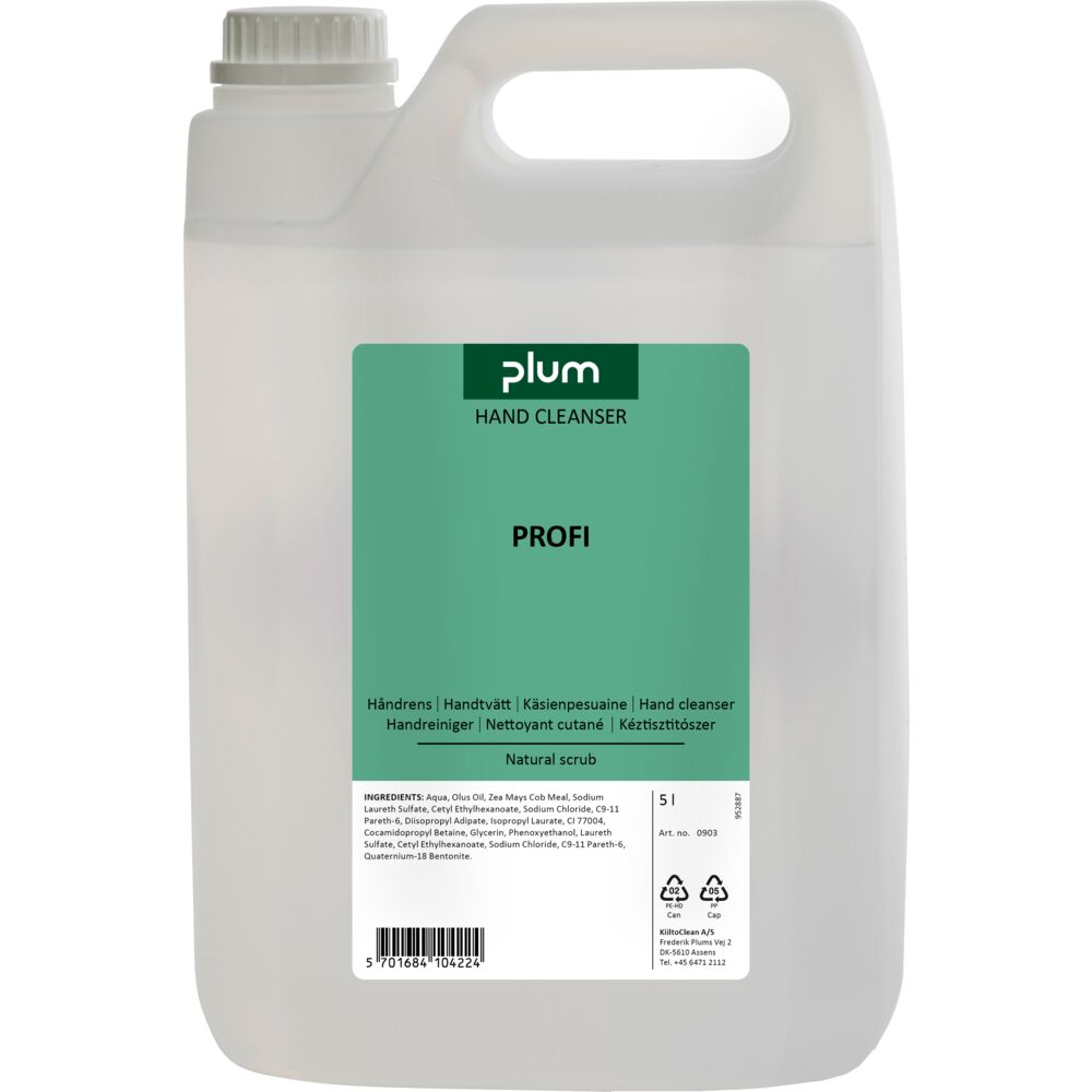 Håndrens, Plum Profi, 5000 ml, lysegrønn, med farge og parfyme, med oppløsningsmidler. Dunk med pump