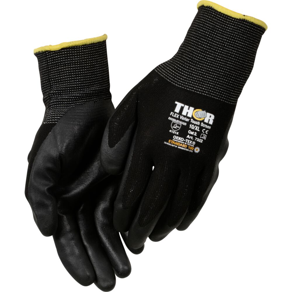 Hanske, THOR Flex Vinter, 10, sort, halvdyppet nitril/nylon, ribbkant, touch screen
