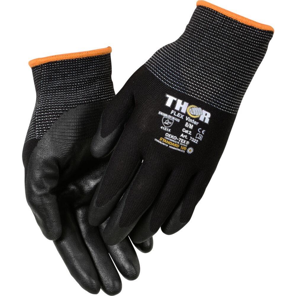 Hanske, THOR Flex Vinter, 8, sort, halvdyppet nitril/nylon, ribbkant