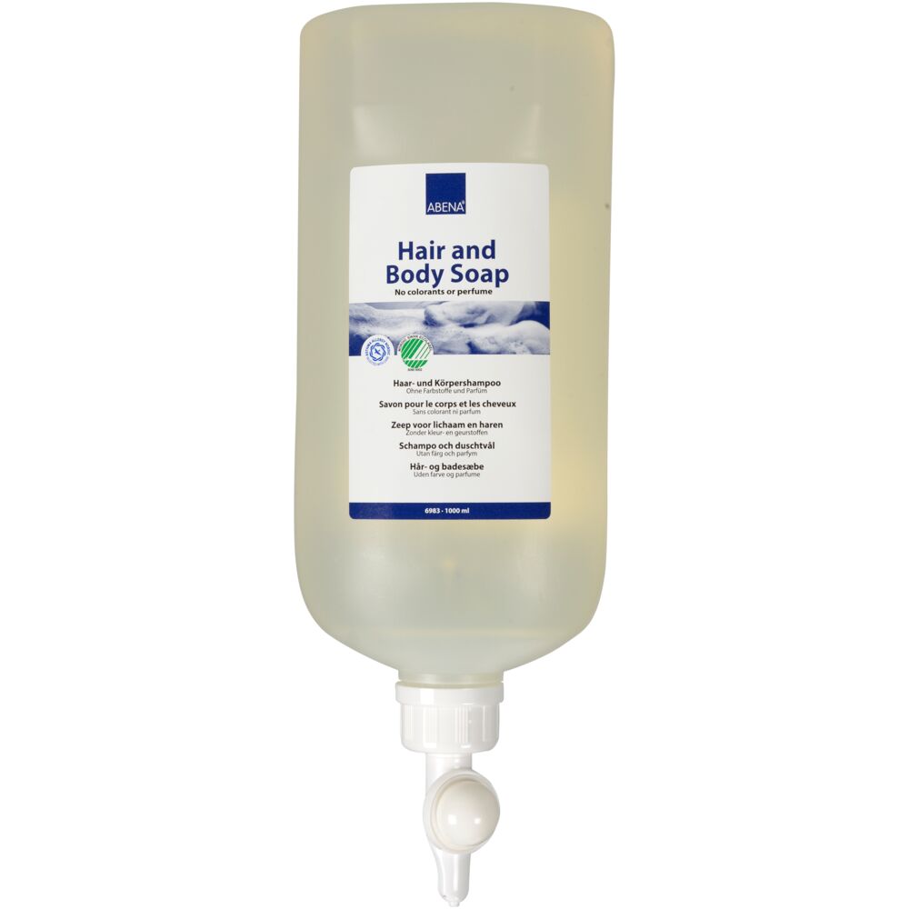 Hår og bodyshampoo, ABENA, 1000 ml, uten farge og parfyme