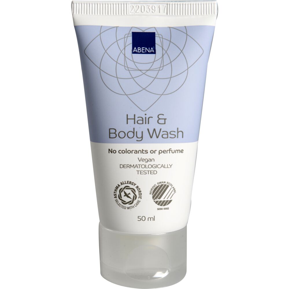 Hår og bodyshampoo, ABENA, 50 ml, uten farge og parfyme