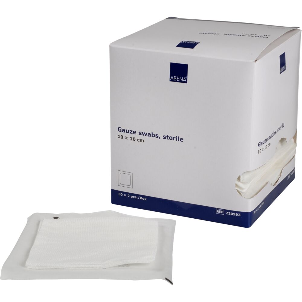 Kompress, gas, ABENA, 8-lags, 10x10cm, hvit, steril, 17-tråds, 2stk./pouch, engangs