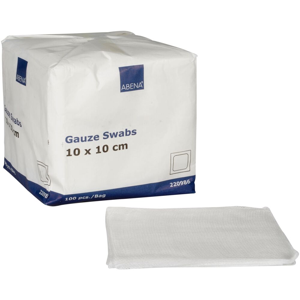 Kompress, gas, ABENA, 8-lags, 10x10cm, hvit, usteril, 17-tråds, engangs