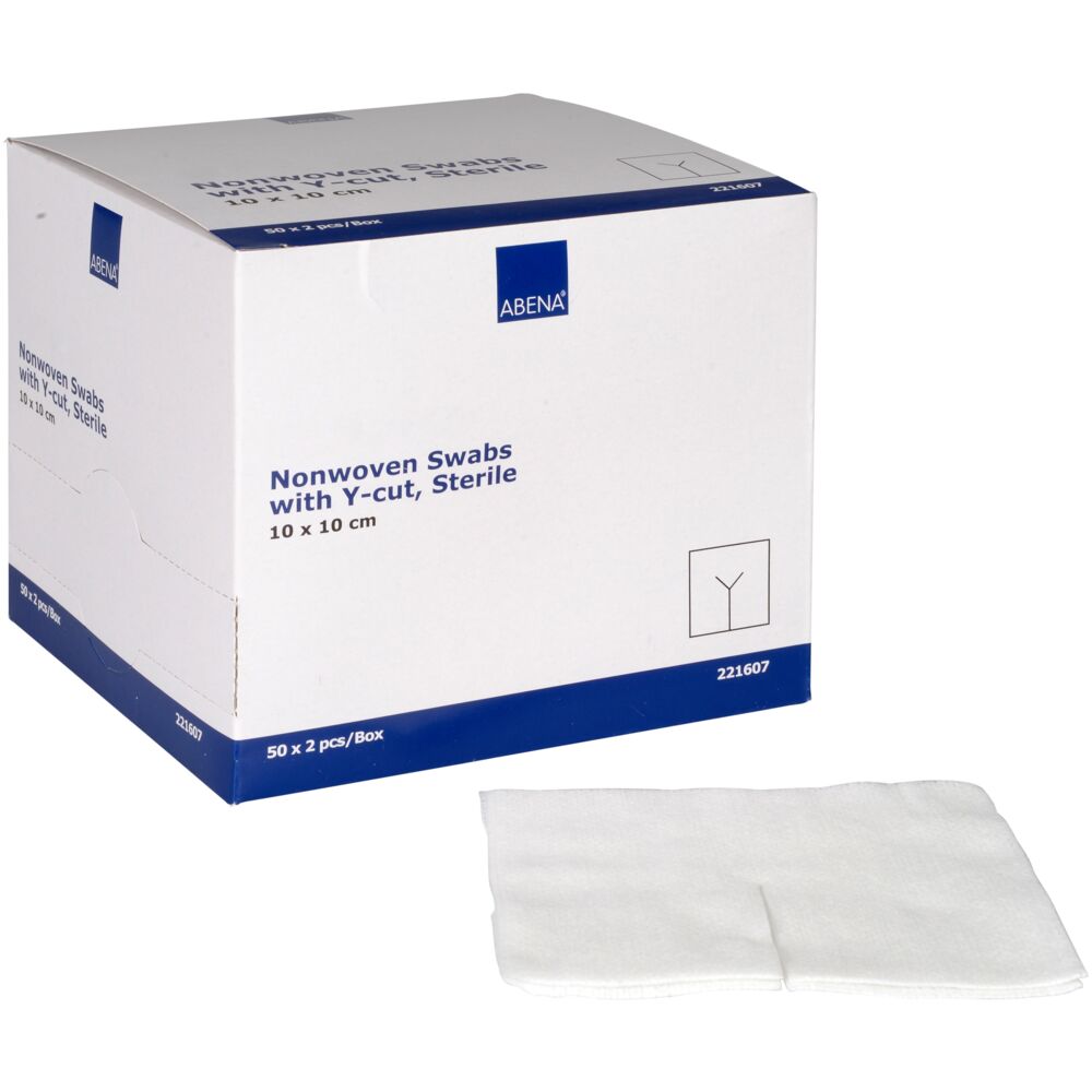 Kompress med Y-snitt, ABENA, 4-lags, 10x10cm, hvit, nonwoven, steril, 2stk/pose, engangs