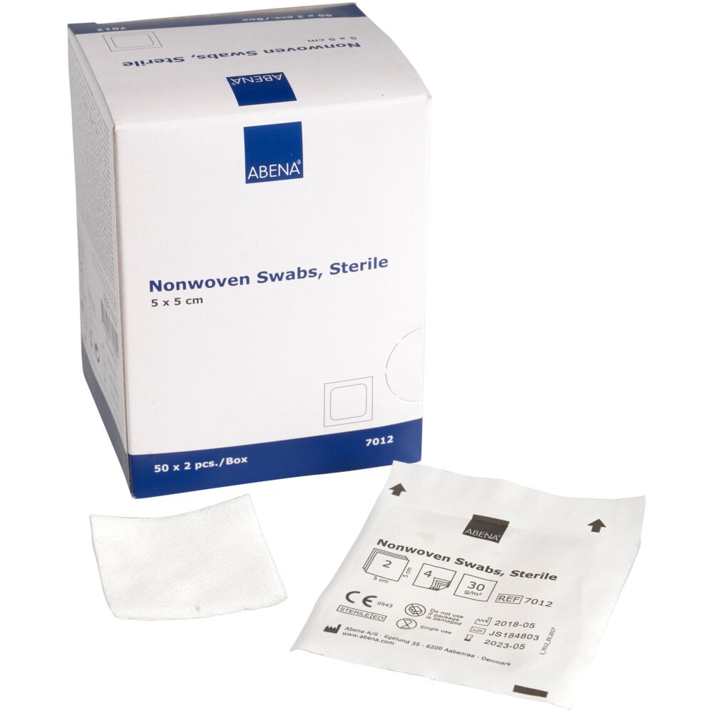 Kompress, nonwoven, ABENA, 4-lags, 5x5cm, hvit, steril, engangs, 2stk./pouch