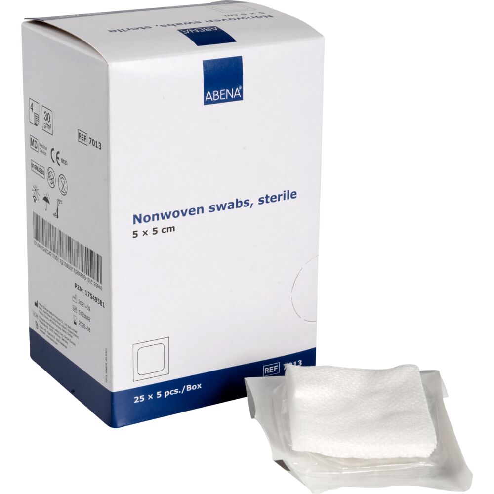 Kompress, nonwoven, Abena, 5x5cm, 4-lags, hvit, steril, engangs, 5stk./pouch