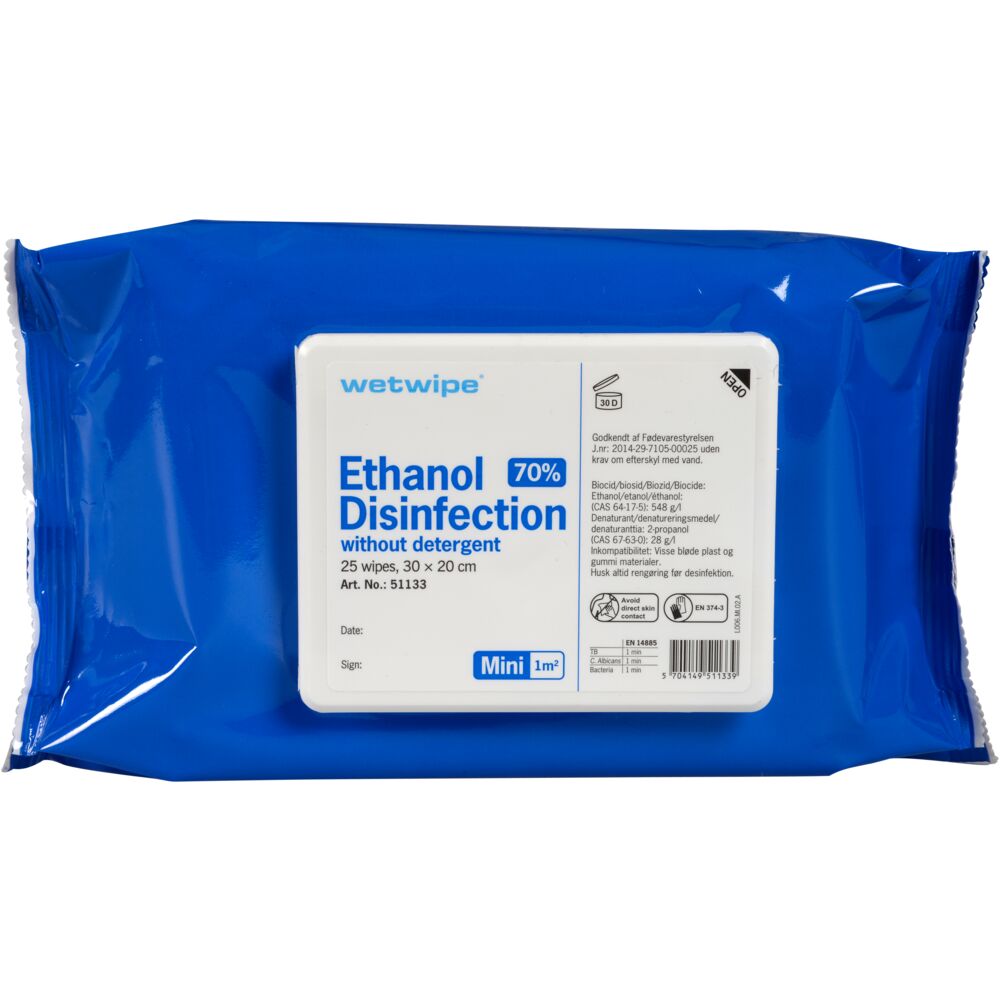 Overflatedesinfeksjon, Wet Wipe, Mini, 30x20cm, 70% ethanol, uten såpe
