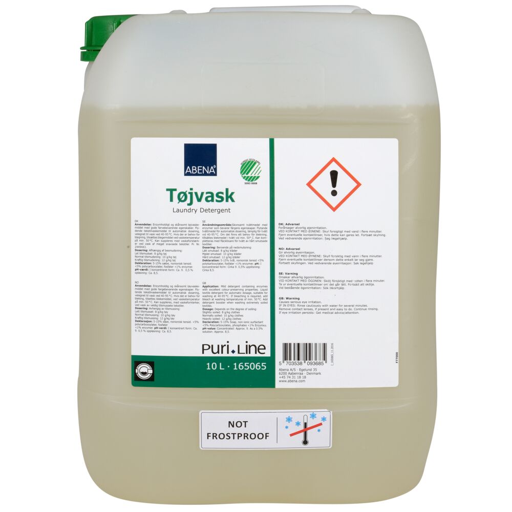 Tøyvask, Abena Puri-Line, 10 l, flytende, kulørt og hvitt, uten farge og parfyme