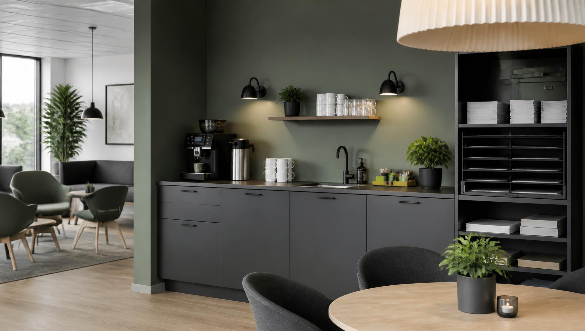 Pauserom på kontor med kaffestasjon og rekvisita