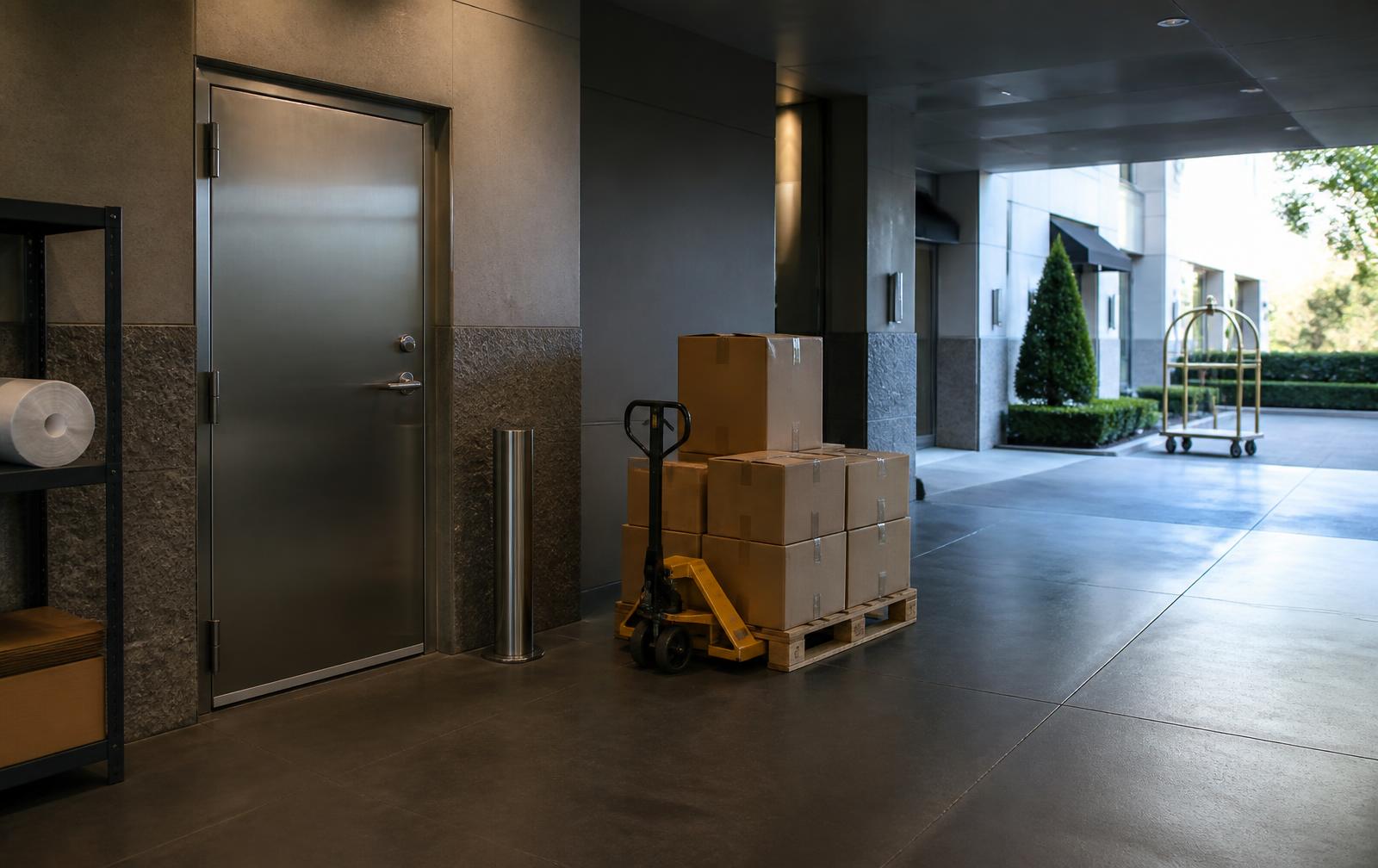 Paller med esker satt av ved varemottaket på et hotell
